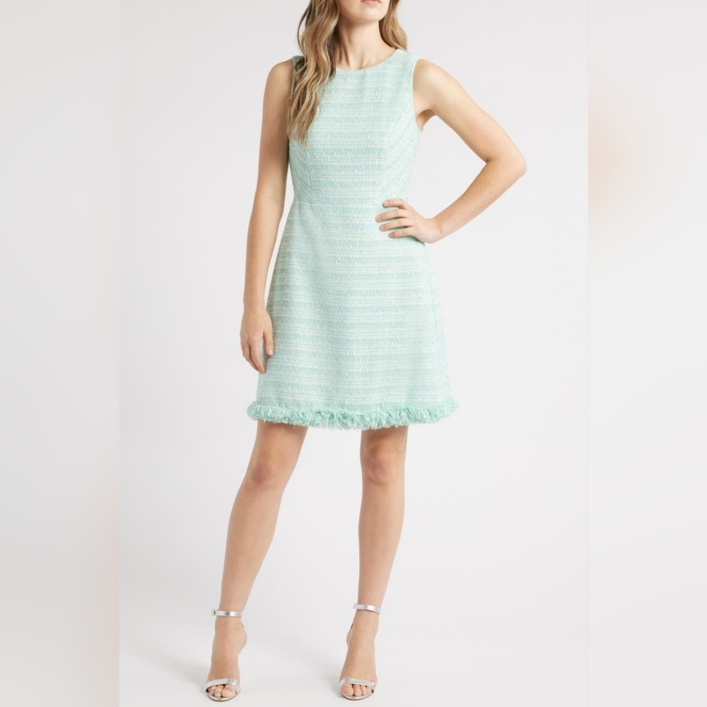 Eliza J Fringe Detail Sleeveless Tweed A-Line Dress MINT, 4